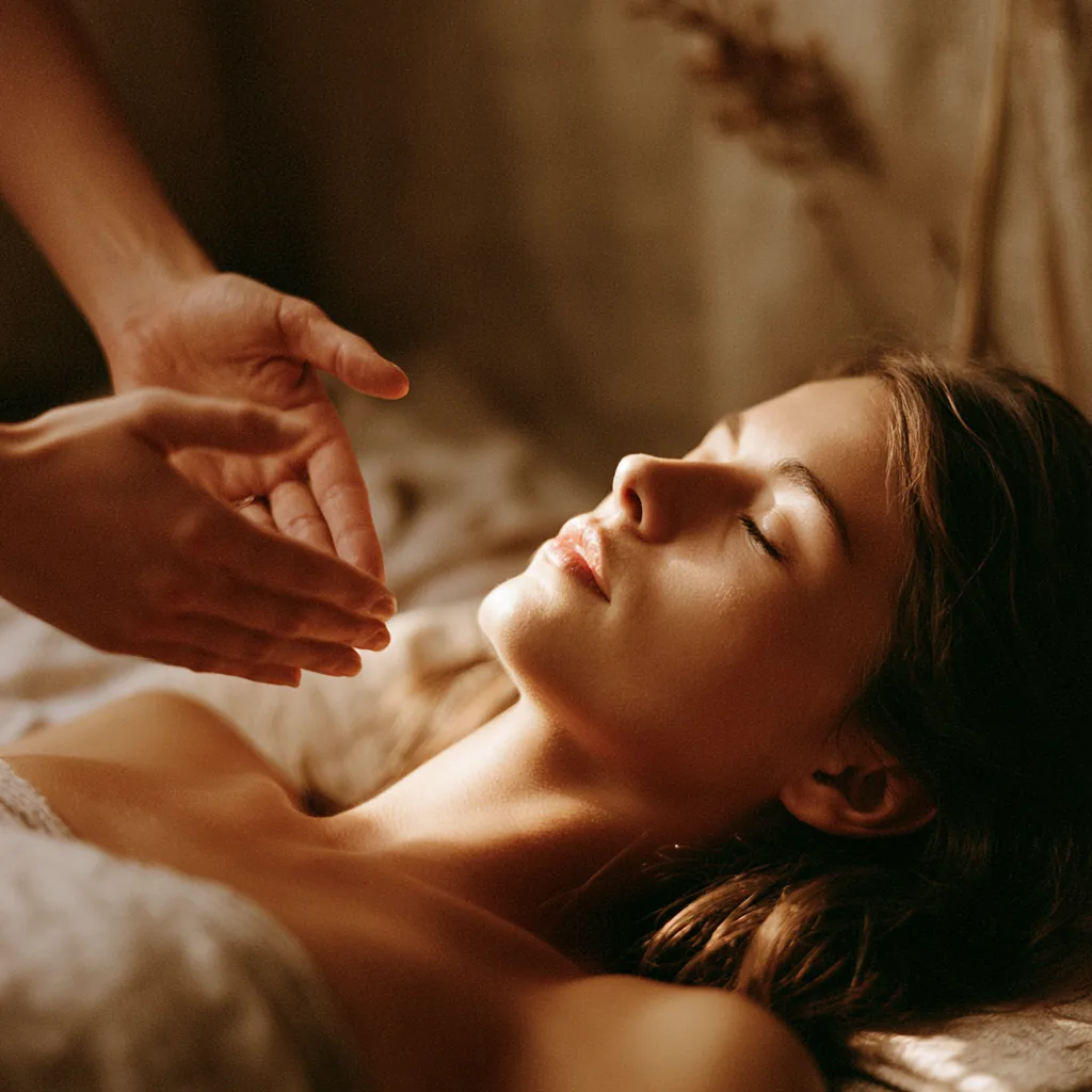 Reiki — dłonie unoszące się nad ciałem podczas sesji, gabinet Spokój i Harmonia